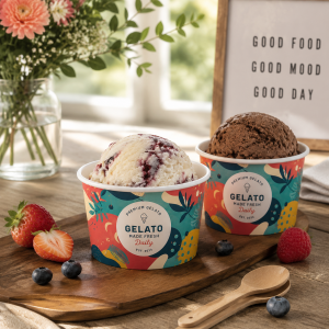 Ahşap masa tablası üzerinde, kremalı meyveli gelato ile doldurulmuş 140 ml'lik renkli kağıt dondurma bardağı; gelato dükkanları ve tatlı markalaması için mükemmel.
