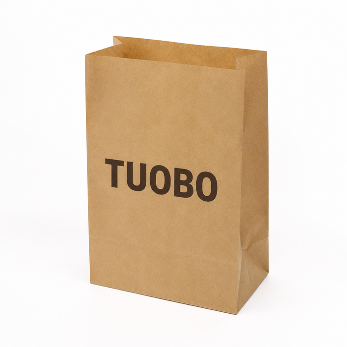 Brown kraft SOS paper bag with bold TUOBO logo printing, featuring a square bottom structure and clean white background for custom food and retail packaging solutions.