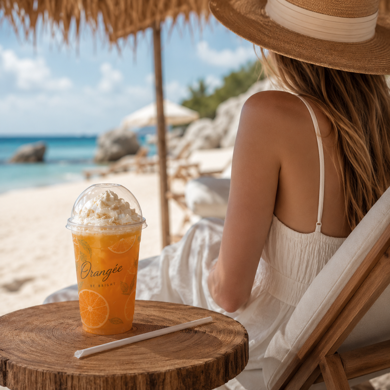 Branded orange citrus print transparent plastic drink cup with dome lid, custom logo fruit tea takeaway packaging, seaside summer lifestyle commercial packaging shot for café brand wholesale