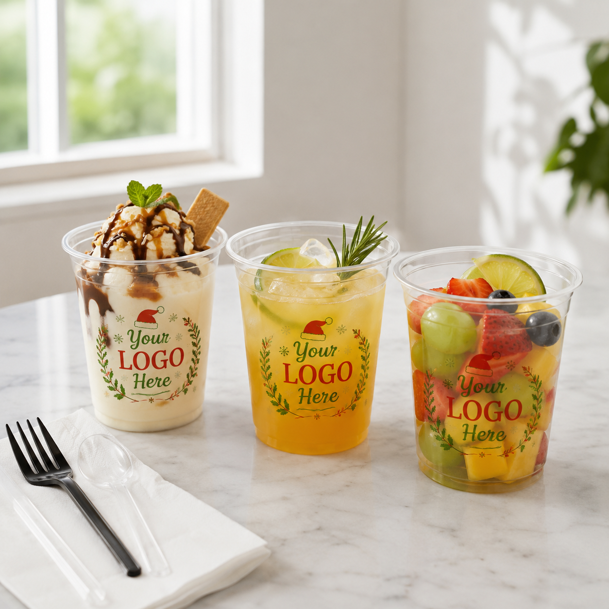 Wholesale custom Christmas printed transparent rPET plastic drink cups with your logo, disposable clear plastic tumblers for smoothie, fruit tea, milkshake, fruit salad, café restaurant cold beverage packaging, holiday festive custom plastic cups bulk supply