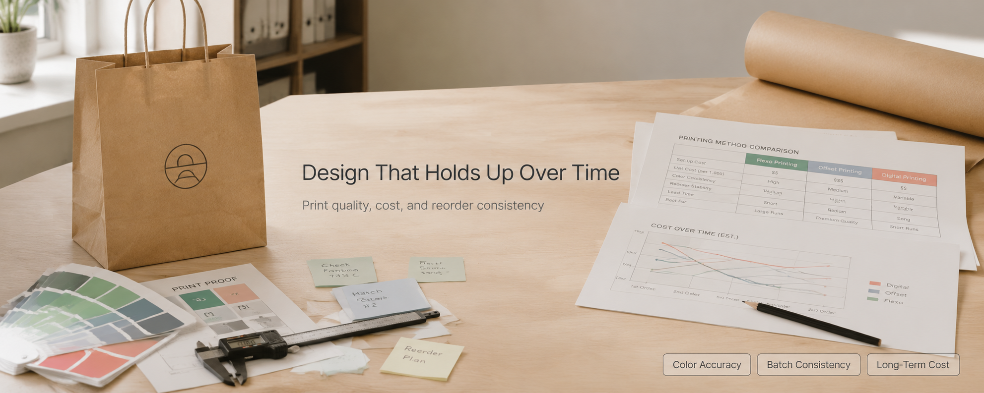 A packaging design studio desk featuring a branded kraft paper bag, Pantone color swatches, digital caliper, printing method comparison table, and long-term cost graph for print quality control.