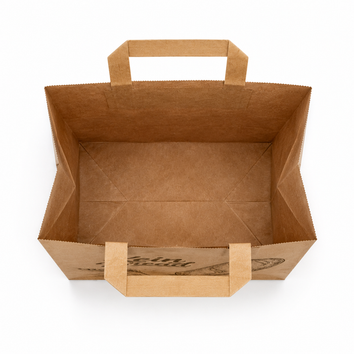 Empty custom kraft bakery bag with flat paper handles, eco friendly bread takeaway packaging, wholesale recyclable kraft food carry bag