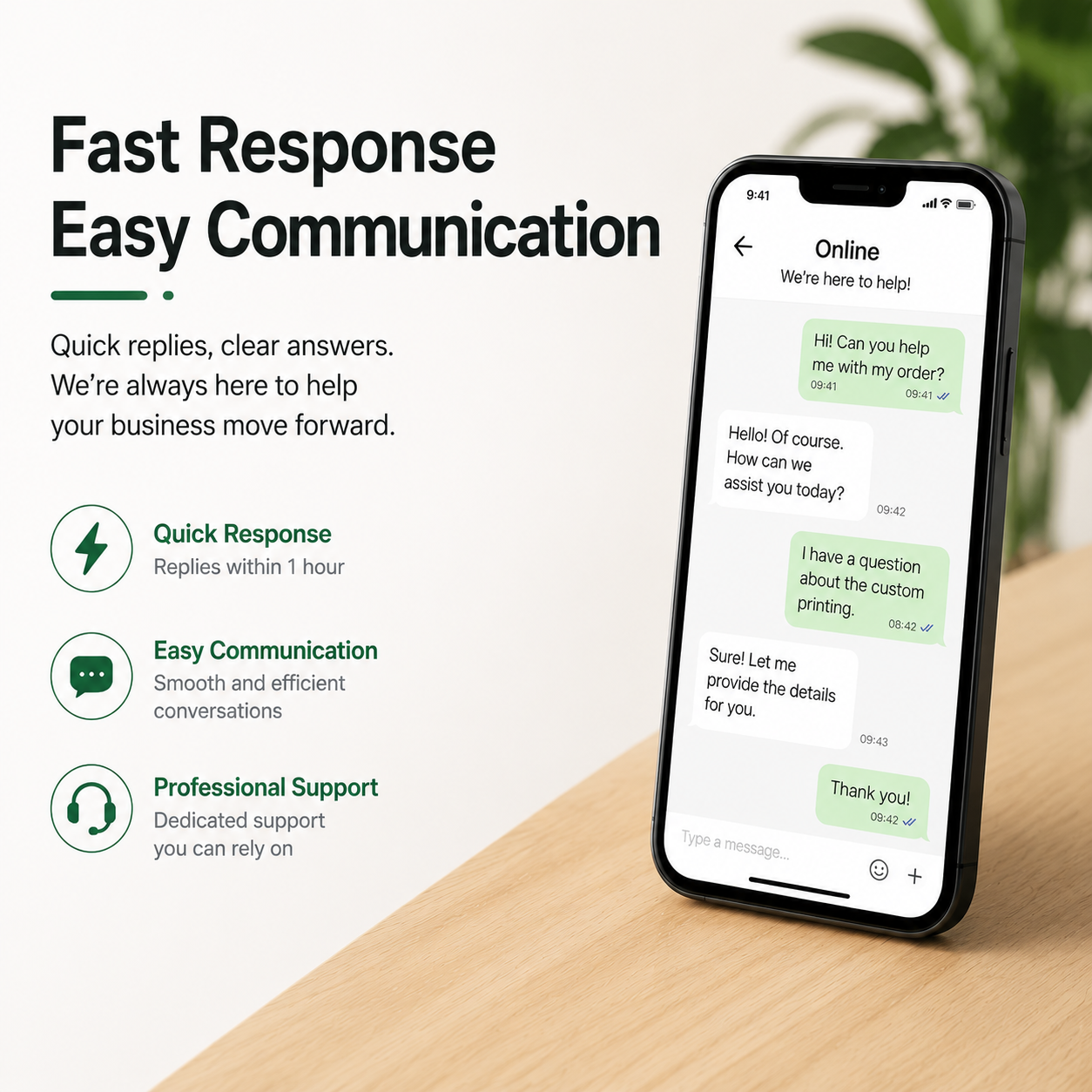 A smartphone showing a live online messaging chat interface on a wooden desk next to feature highlights for quick response, easy communication, and professional customer support.
