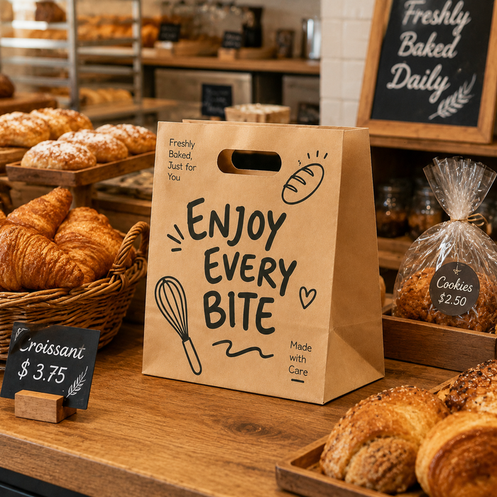 Sustainable custom printed die cut kraft paper shopping bag, eco retail bakery packaging for daily fresh baked goods takeaway service