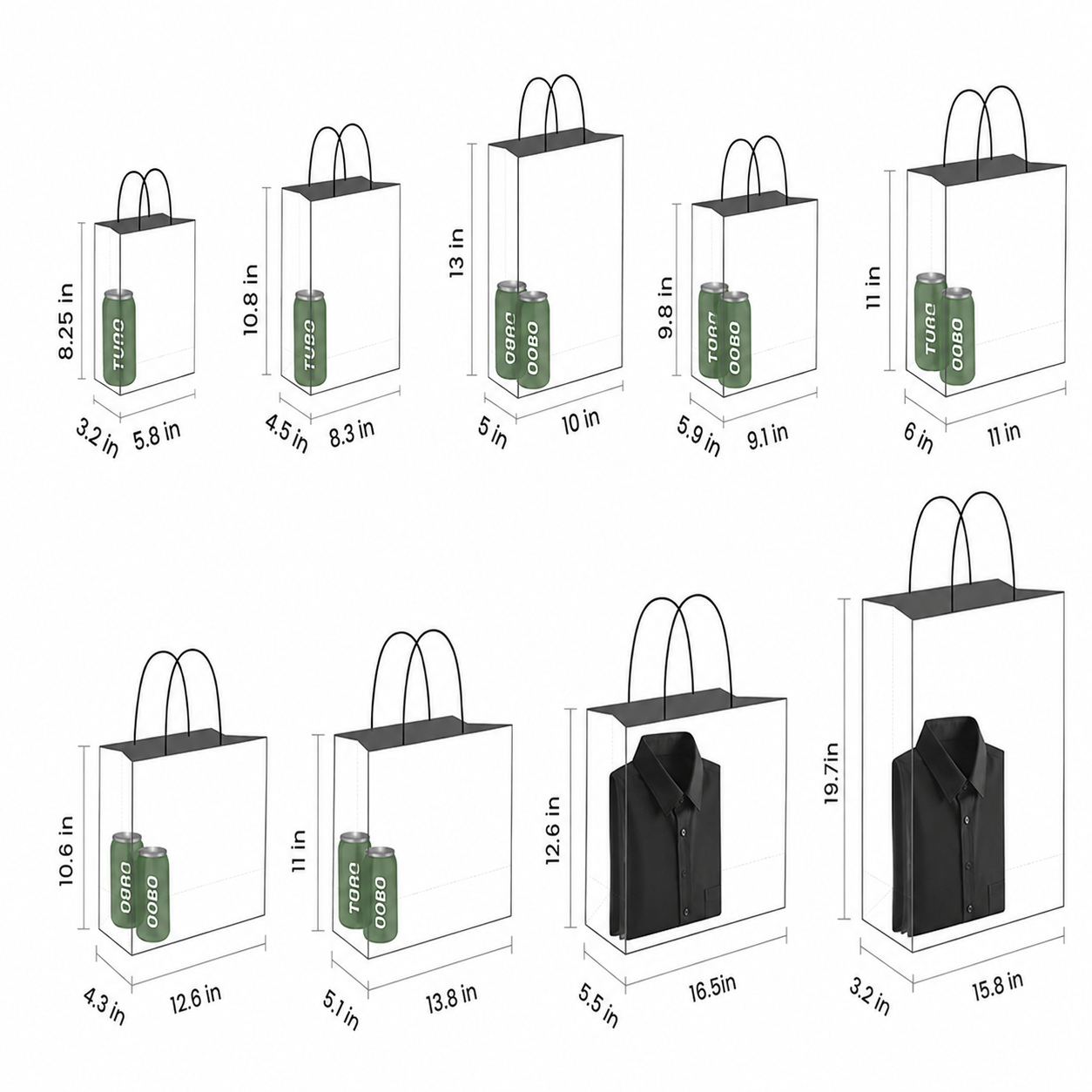 Custom paper bag size guide showing different bag dimensions with green TUOBO bottles and black apparel packaging examples on a white background