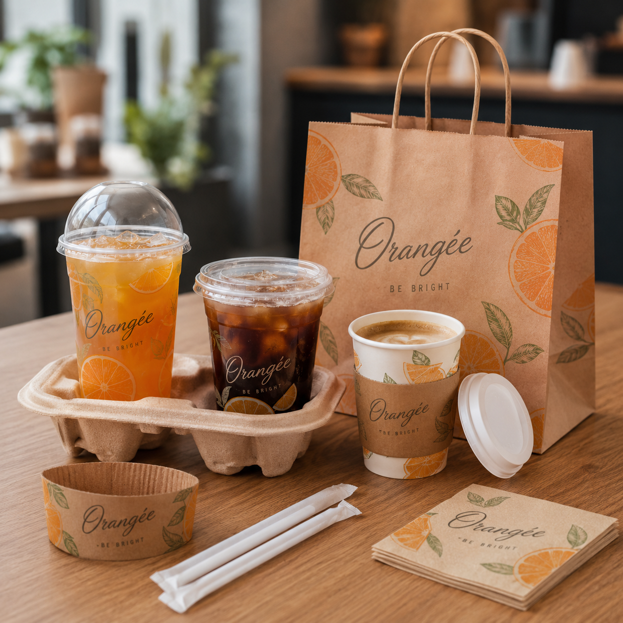 Matching custom printed beverage packaging kit including PET plastic cups, paper coffee cups, kraft shopping bags, cup sleeves and napkins, full brand identity packaging solutions for coffee shop OEM manufacturer
