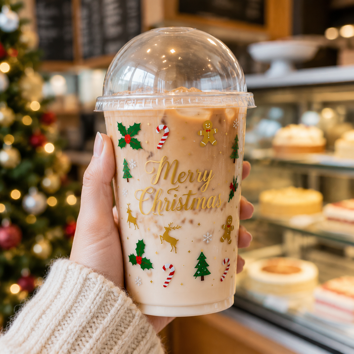 Hand holding filled iced latte Christmas clear plastic tumbler with dome lid, custom gold Merry Christmas gingerbread deer print reusable holiday beverage cup wholesale for restaurant café