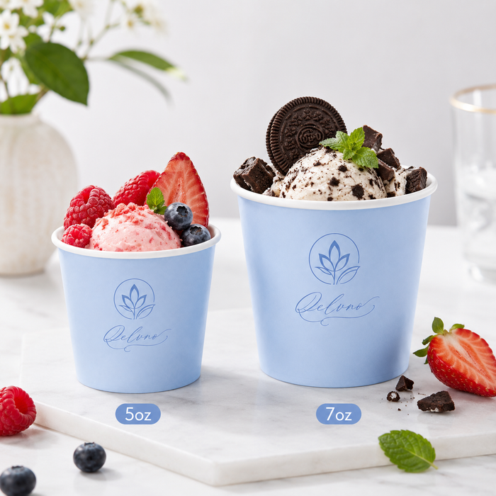 Custom printed blue paper coffee cups wholesale, 5oz 7oz eco recyclable logo paper cups from professional paper cup manufacturer supplier, custom blue paper cups with brand logo for ice cream dessert
