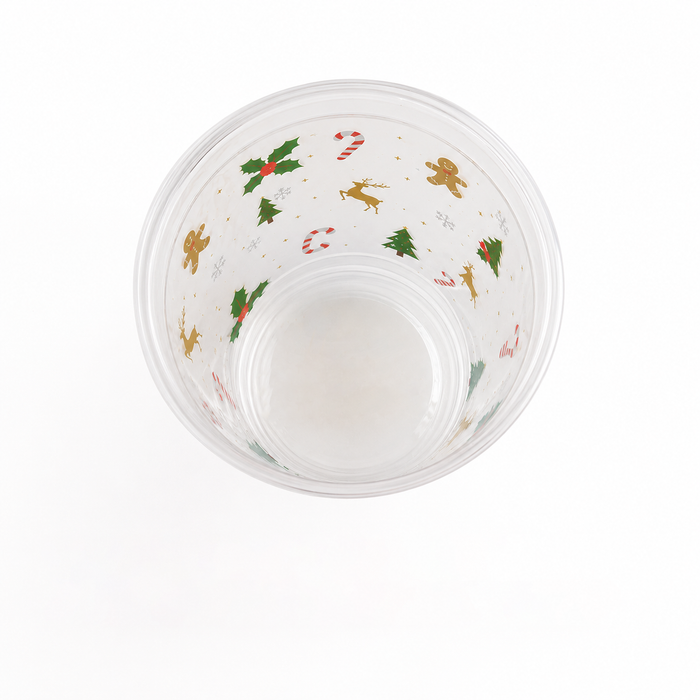Top down overhead view empty clear plastic Christmas tumbler interior, full wrap Merry Christmas gingerbread reindeer candy cane print reusable drink cup wholesale for holiday shops
