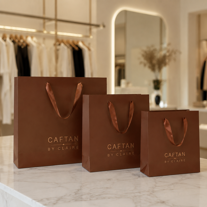 Three brown boutique paper bags set on a marble counter in a modern clothing store.