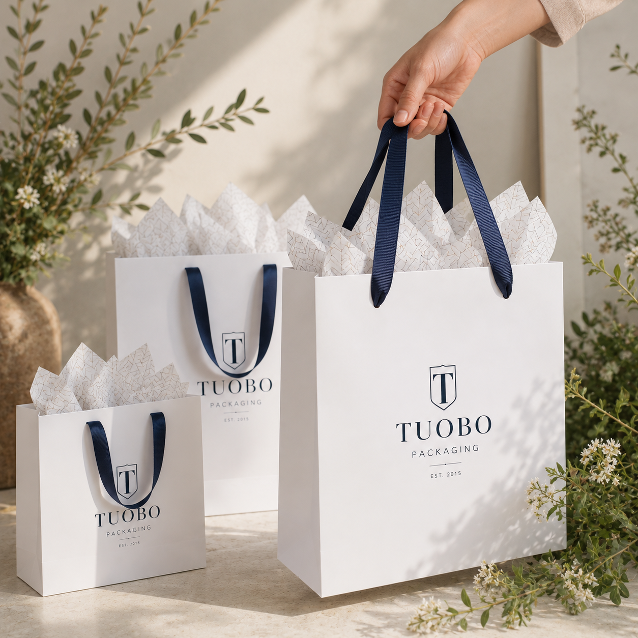 Custom white Euro tote bags with navy ribbon handles and branded logo, displayed in an elegant outdoor setting with tissue paper inserts, designed for luxury retail packaging, gift bags, and boutique shopping bags.