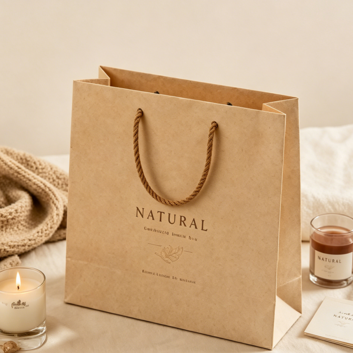 Eco-friendly handmade kraft paper bag styled with candles and knit decor, highlighting natural texture and minimalist branding for lifestyle retail.