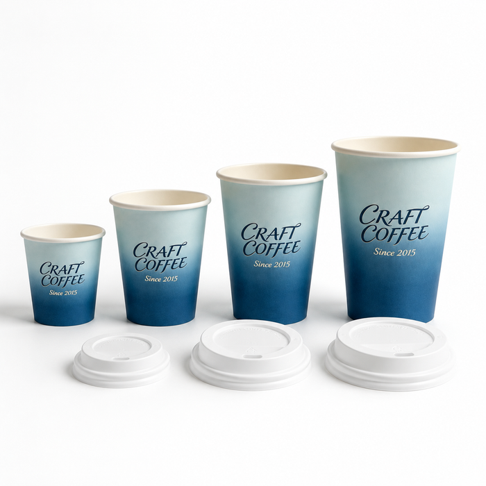 Four sizes gradient blue branded disposable paper coffee cups with lids, wholesale eco-friendly café hot drink packaging