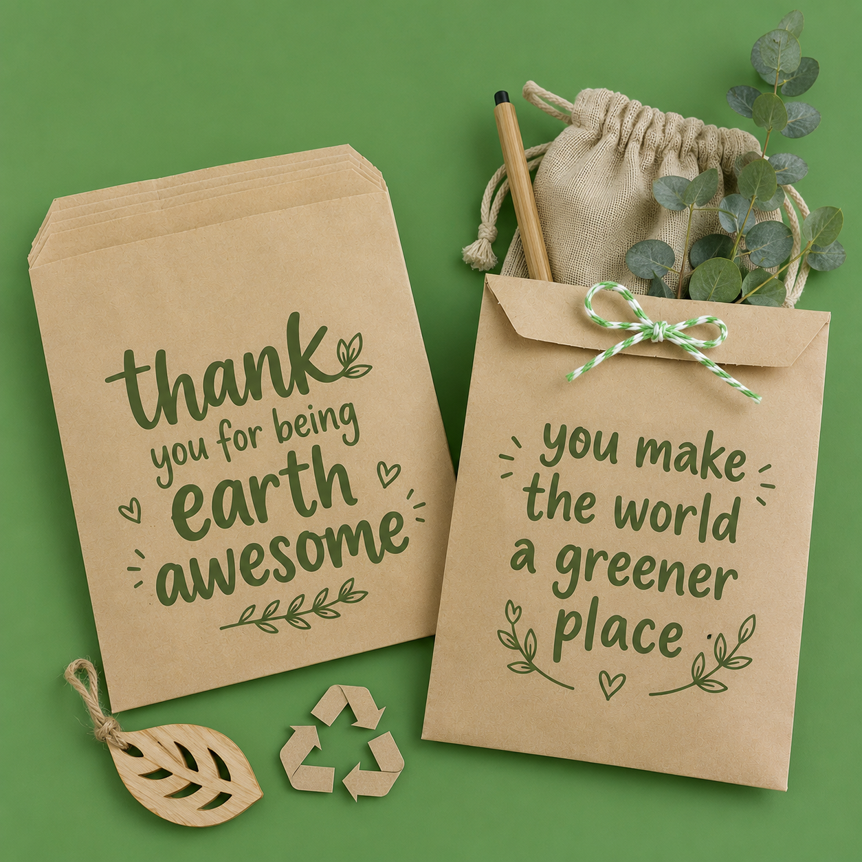 Top-down flat lay of two eco-friendly kraft paper gift envelopes with green sustainability-themed lettering, matching green background, decorated with eucalyptus sprigs, linen drawstring pouch, bamboo pen, wooden leaf ornament and paper recycling symbol, zero-waste retail packaging mockup for earth-friendly brand gifting