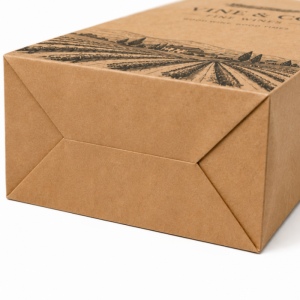 Macro close up shot showing folded bottom construction and natural kraft paper texture of custom wine gift packaging bag