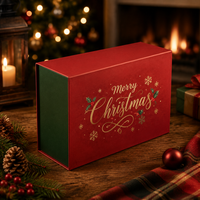 Matte soft touch custom Christmas rigid gift box with gold foil Merry Christmas print, luxury holiday packaging for gift hamper sets