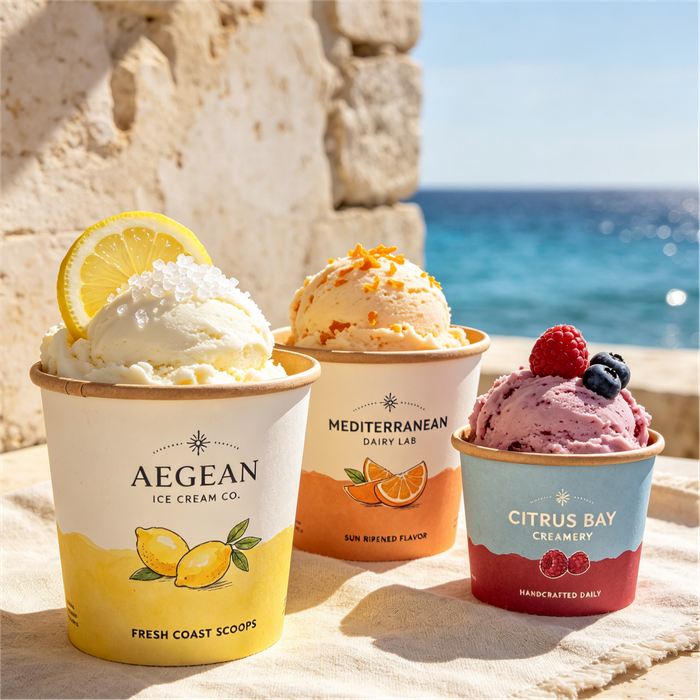 Branded 4oz compostable ice cream paper cups set against seaside ocean view, food grade leak resistant freezer safe disposable dessert gelato yogurt cups, eco friendly takeaway beach café retail dessert packaging wholesale ice cream shop supplies custom printed paper cups