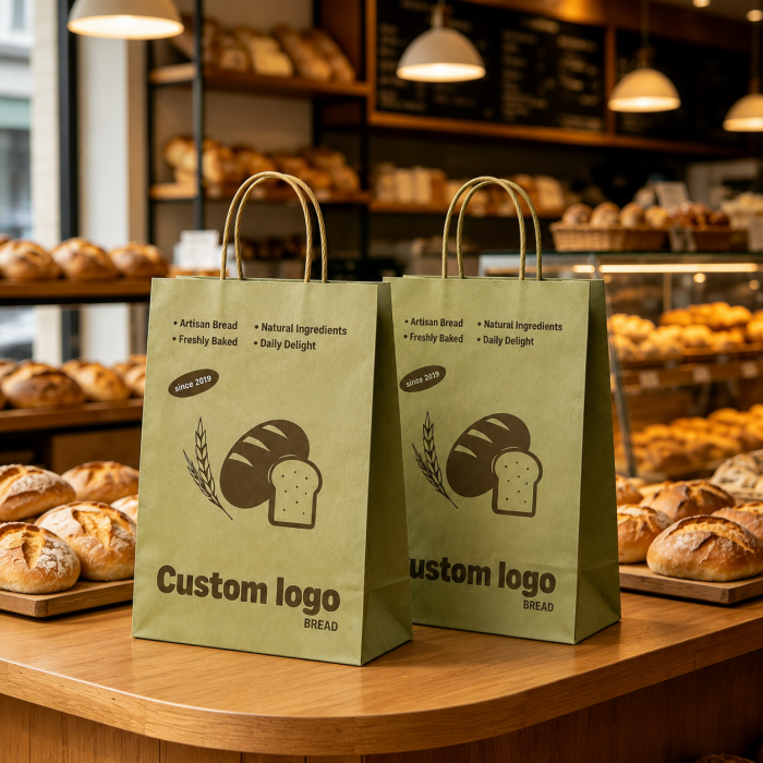 Two olive green custom-printed bread bags with bakery logos, displayed on a wooden counter in a warm bakery interior surrounded by fresh bread loaves.