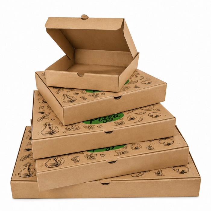 A pyramid stack of natural brown pizza box sizes with custom printing and top box open isolated on a white background for food service pizza packaging box supplier.