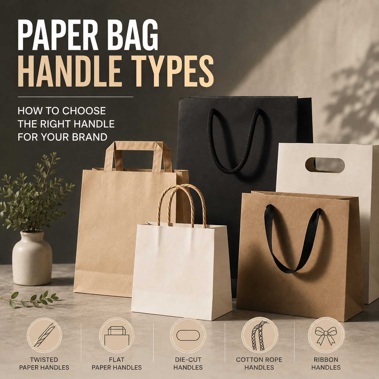 Infographic showing 5 common paper bag handle types (twisted paper flat paper die-cut cotton rope ribbon) on kraft white and black bags, with a neutral studio background.