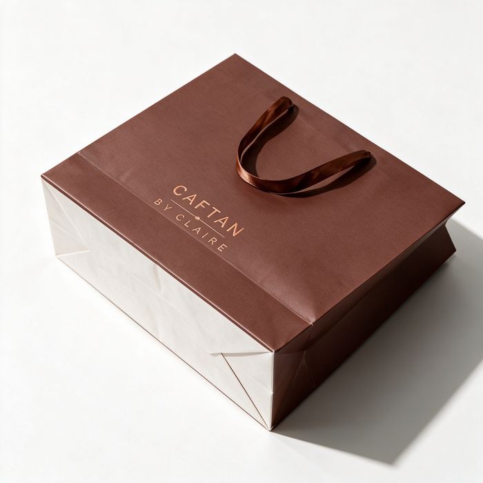 High-angle view of branded paper bags laid flat, showcasing the satin ribbon handle and side gusset design.