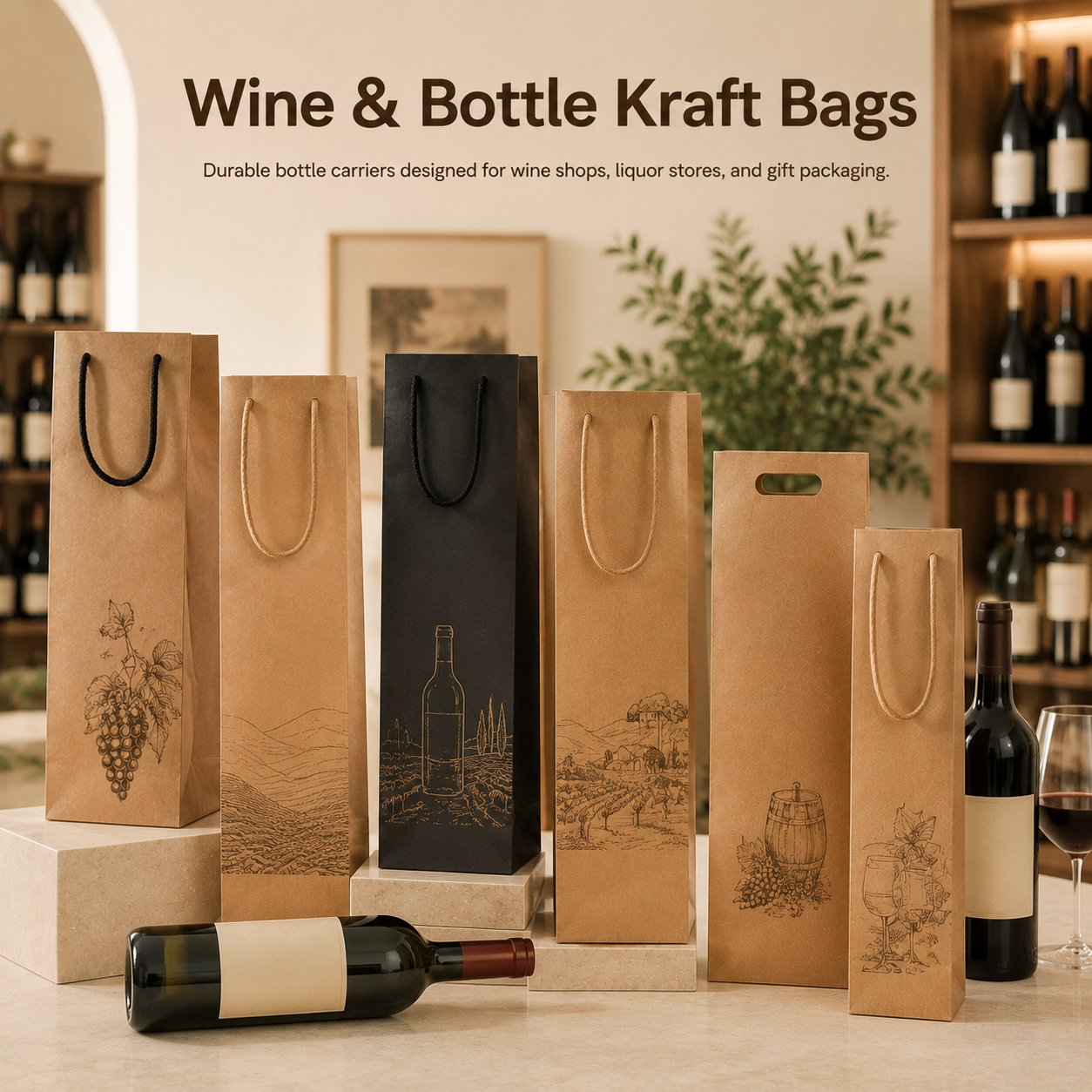 A warm, rustic interior showcasing durable kraft paper wine bottle bags with subtle, elegant prints and sturdy handles, arranged on stone platforms with wine bottles, glasses, and soft natural lighting, suitable for wine shops, liquor stores, and gift packaging.
