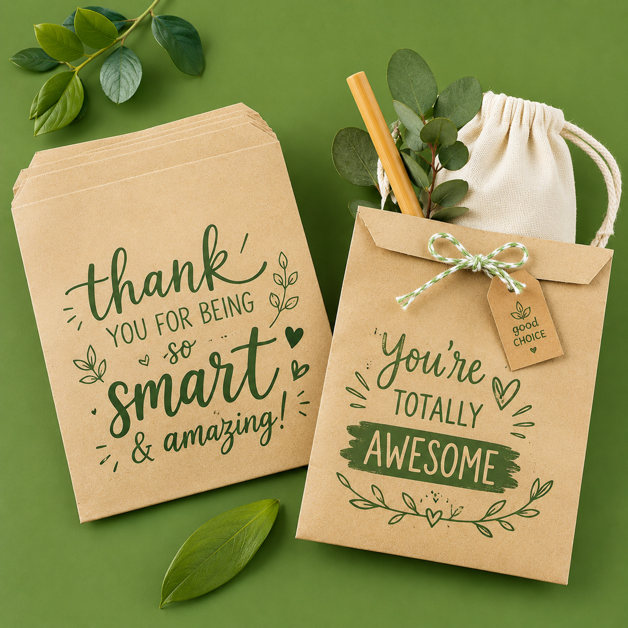 Flat lay mockup of custom printed kraft paper thank you gift bags with green handwritten botanical lettering, eucalyptus leaves decor on solid sage green background, eco recyclable retail packaging pouches