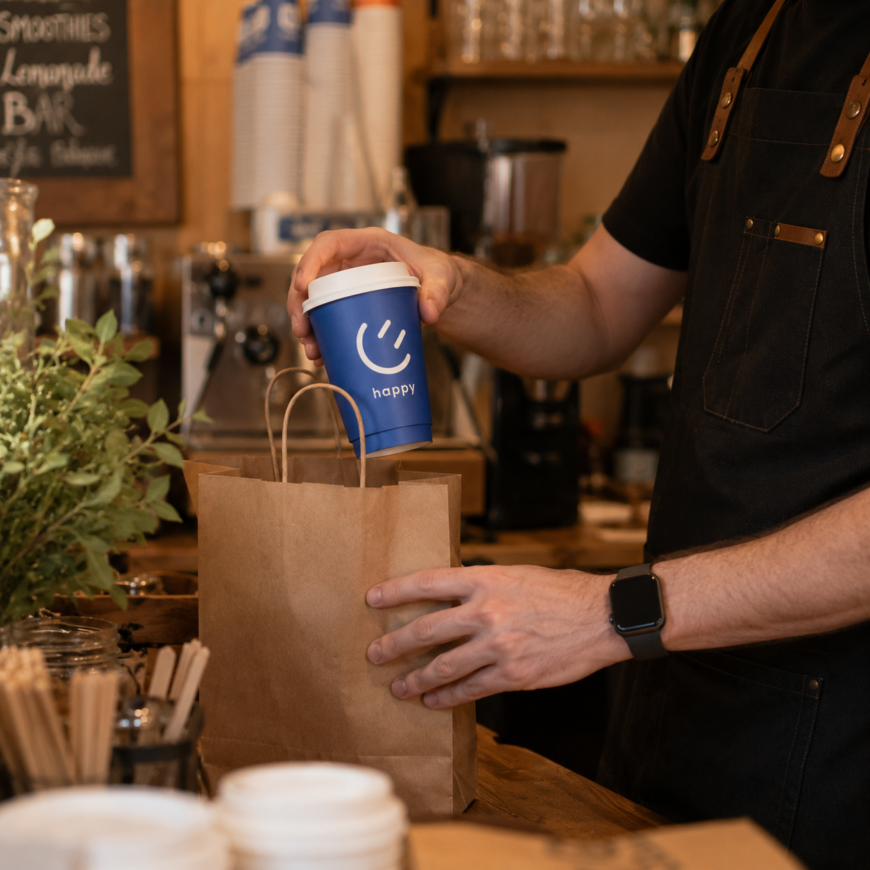 A barista putting a custom printed blue paper takeaway coffee cup with a white smiley logo into a brown kraft paper bag in a cafe.