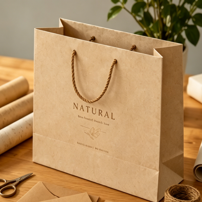 Natural handmade kraft paper bag displayed with scissors, twine, and paper rolls on a wooden table, showcasing artisanal packaging materials.