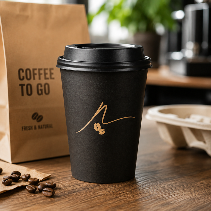 Custom gold print black disposable coffee cup with kraft paper coffee to go bag, wooden cafe table retail packaging photo