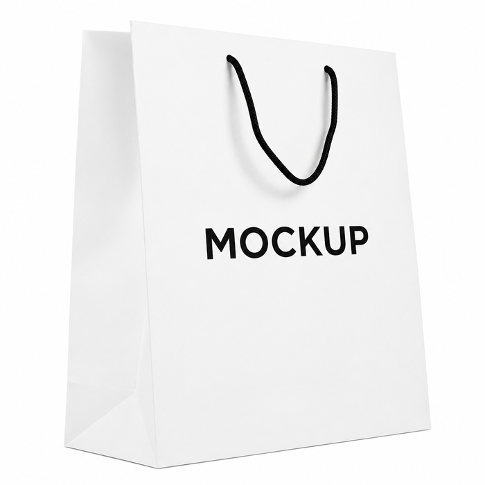 White paper shopping bag with black rope handles and MOCKUP logo on a pure white background, showcasing custom branded paper bags for retail stores, luxury packaging, gift packaging, and wholesale shopping bag solutions.