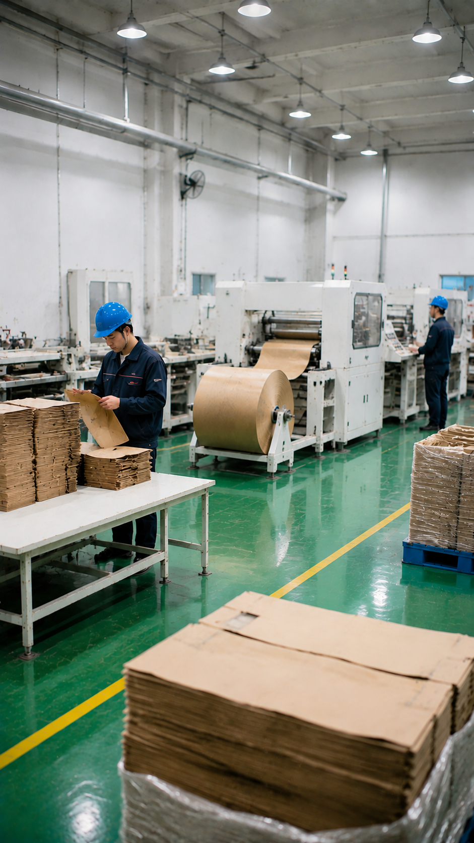 A clean modern kraft paper bag manufacturing factory with workers inspecting paper bags, kraft paper rolls, packaging machinery, and organized production areas.