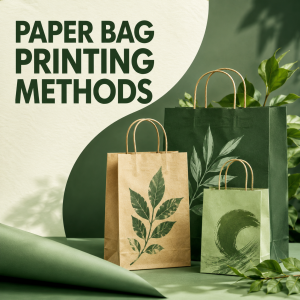 Neutral green minimalist studio background featuring three sizes of custom printed kraft paper shopping bags with natural leaf artwork, large bold text "PAPER BAG PRINTING METHODS" on textured paper backdrop, soft natural leaf shadow lighting, FSC eco-friendly wholesale retail packaging mockup for European custom paper bag suppliers, ultra realistic product render