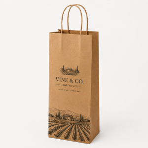Isolated white background front view mockup brown kraft single wine bottle bag printed with vintage vineyard sketch and custom brand logo