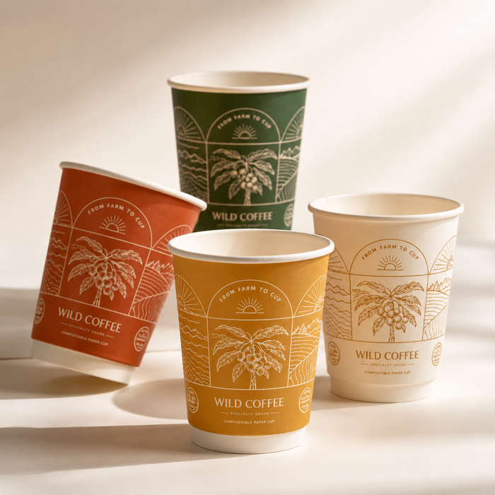 Four custom printed paper coffee cups displayed together in orange, green, yellow, and beige featuring eco-friendly branding.