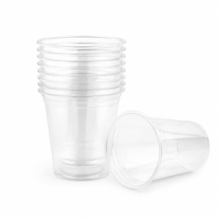Empty transparent food grade rPET plastic beverage cups stack display, sustainable blank takeaway containers ready for custom printing, wholesale eco friendly café packaging OEM supplier