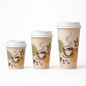 Conjunto de três tamanhos de copos de café de papel kraft personalizados com tampas, ilustrações vintage de grãos e folhas de café, fotografia do produto.
