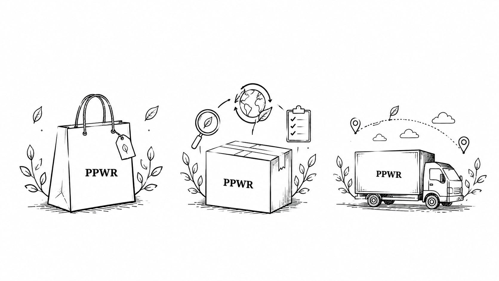 Ілюстрація життєвого циклу екологічної упаковки, що регламентує PPWR, еко-паперовий пакет, аудит коробок для переробки та зелена вантажівка доставки, ескізний дизайн правил циркулярної упаковки ЄС