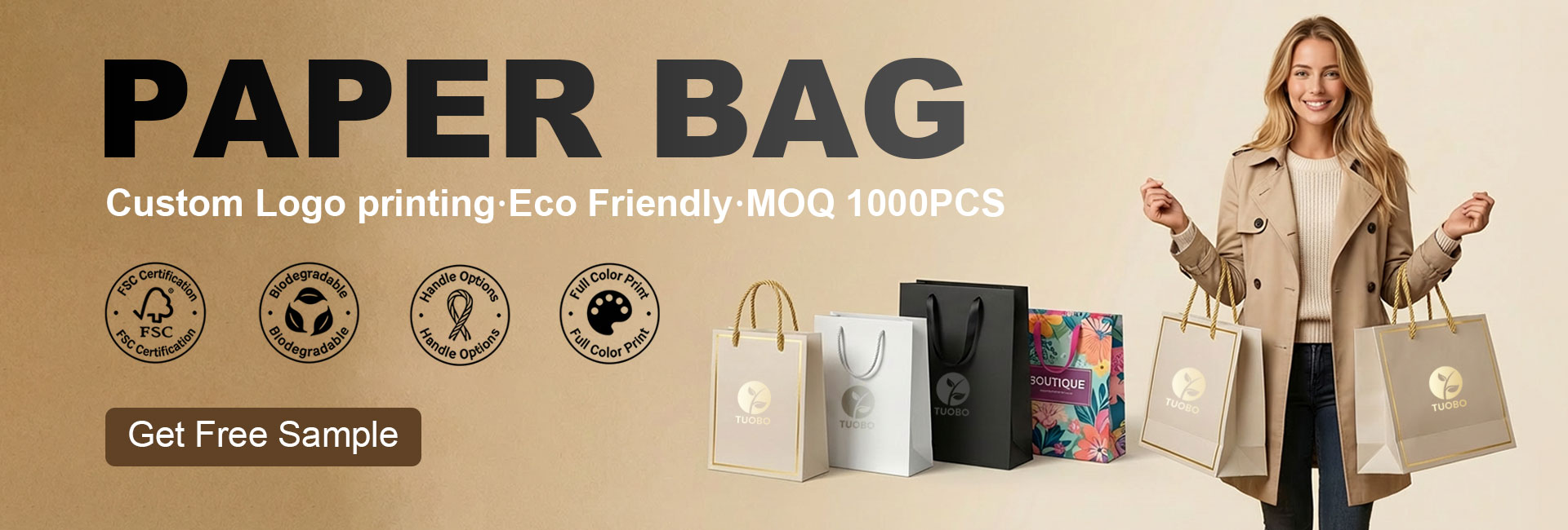 Promotional banner for custom paper bags featuring eco-friendly branded shopping bags, FSC certification icons, and a model holding luxury paper gift bags.