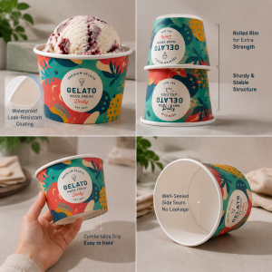 Custom printed 5 oz ice cream cups showing rolled rim, leak-resistant interior, sturdy side seam, and comfortable grip.