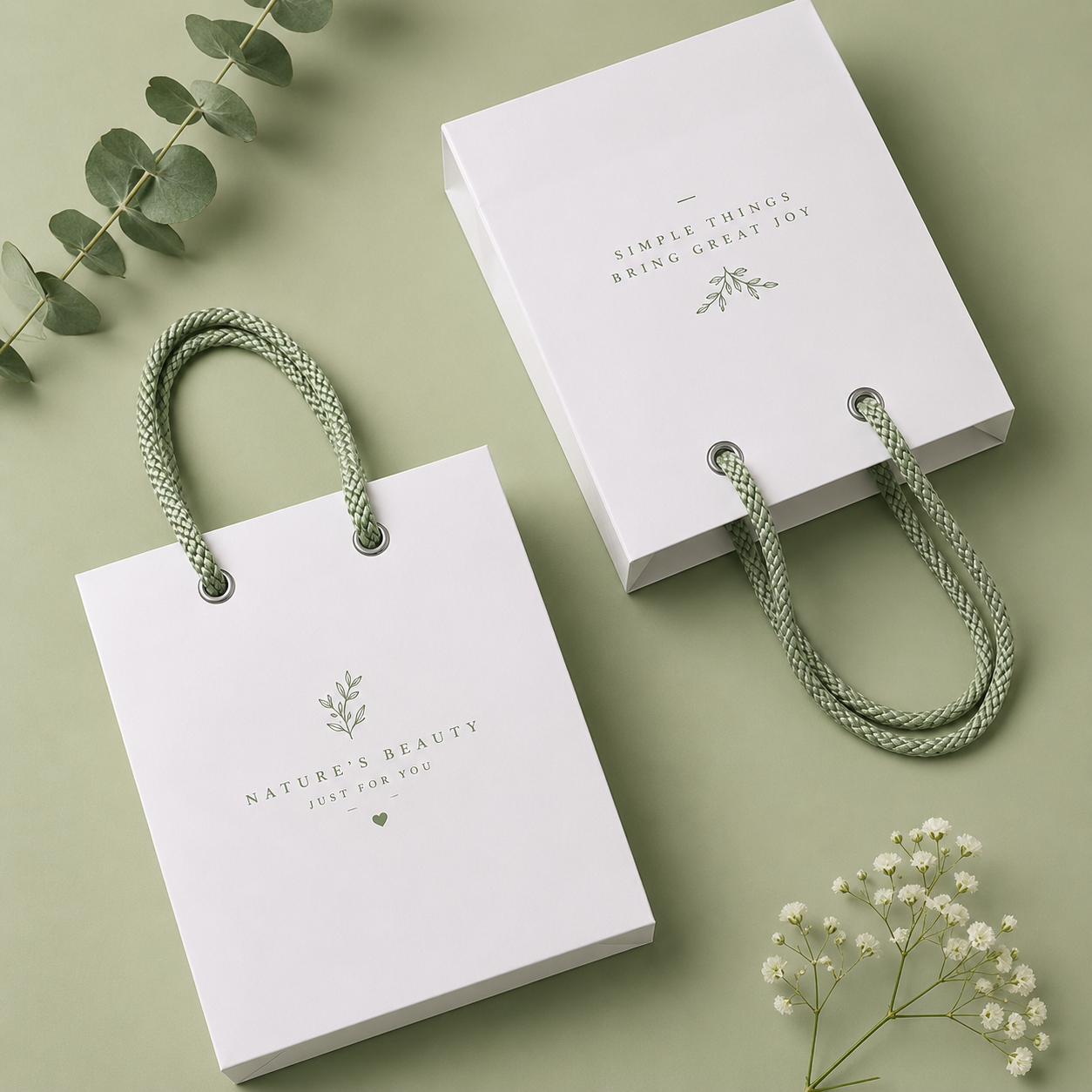 Top-down shot of minimalist white custom logo paper shopping bags with light green braided rope handles, delicate eucalyptus and baby’s breath decor on soft sage green backdrop, premium nature style retail packaging mockup