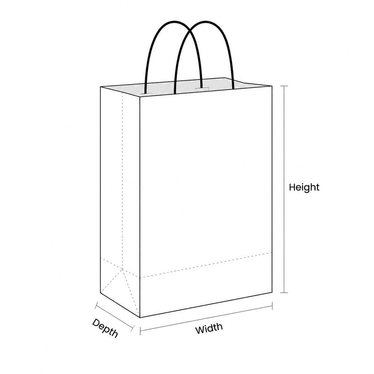 Custom paper bag dimension guide showing width, depth, and height measurements with handle design for packaging size reference.