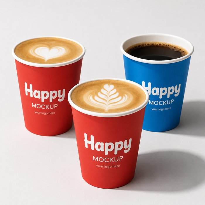 Premium colored coffee cups featuring beautiful latte art and black coffee, showcasing high-quality coffee shop packaging for daily beverage serving.