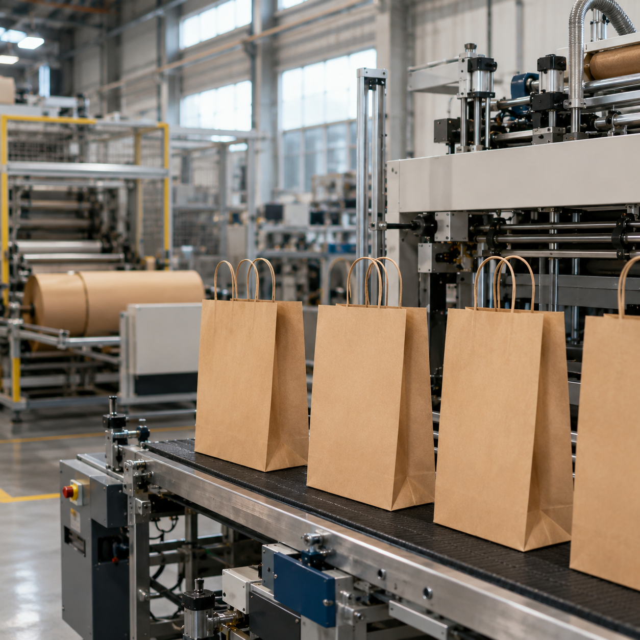Factory production line with blank brown kraft paper tote bags on automated machinery, industrial paper bag manufacturing workshop