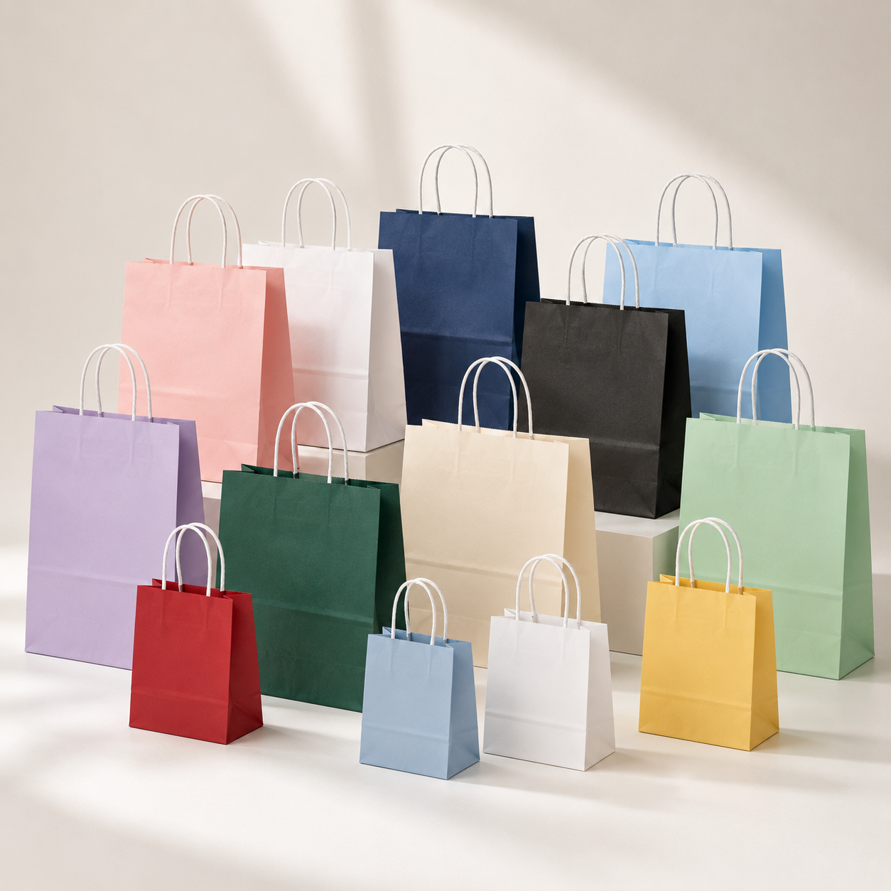 Assorted colored paper shopping bags made from white cardboard paper in multiple sizes, displayed in a minimalist studio setting for retail and gift packaging.