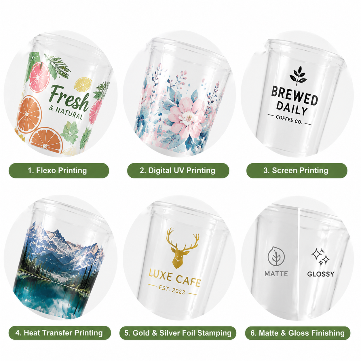 Six custom printing and surface finishing techniques for food grade rPET recycled plastic drink cups, including flexo printing, digital UV printing, screen printing, heat transfer, gold foil stamping, matte and glossy finish display for café beverage packaging wholesale
