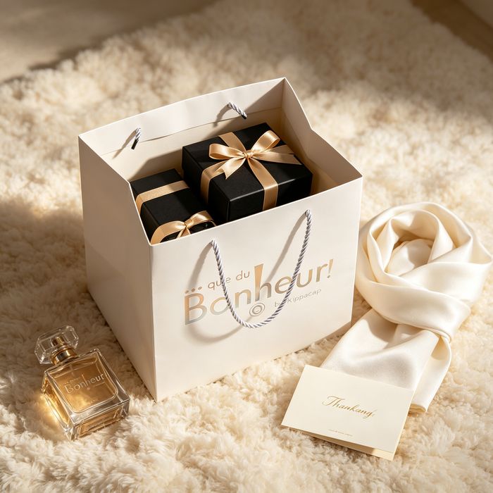 Top view of small white paper gift bags holding black gift boxes with gold bow ribbons on a soft rug.