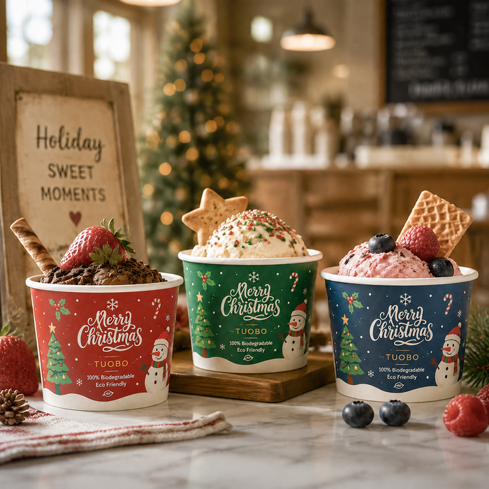 Ice cream shop counter display of stacked red green navy TUOBO custom Christmas biodegradable paper ice cream cups, bulk wholesale eco friendly disposable frozen yogurt containers with holiday snowman tree print for seasonal dessert packaging