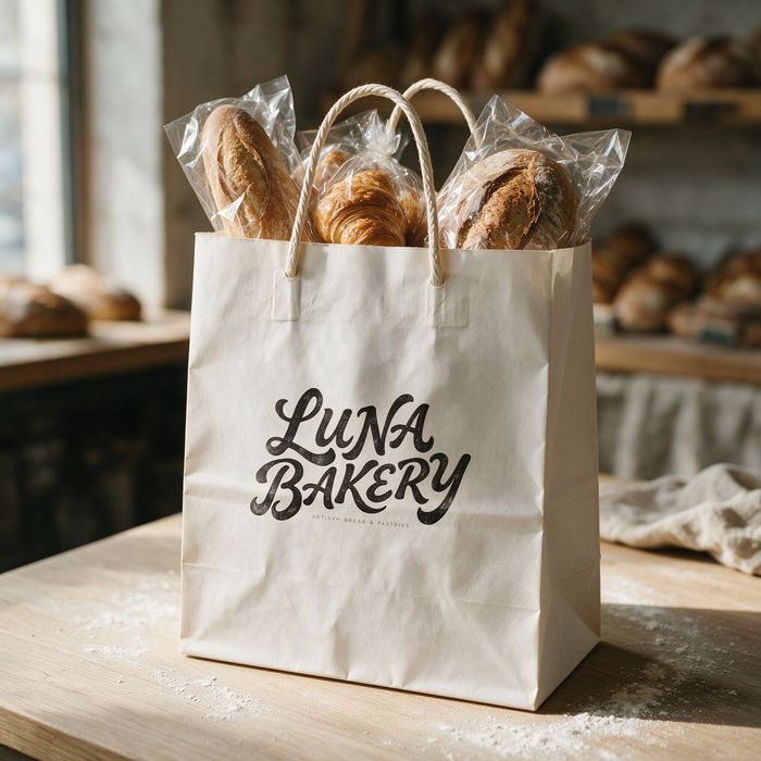 A white paper carry bag filled with fresh baguettes and croissants on a flour dusted wooden table inside an artisan bakery setting.