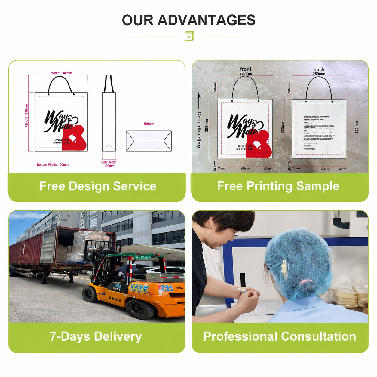 Four-panel infographic illustrating company advantages including free design service, free printing sample, 7-days delivery, and professional consultation.